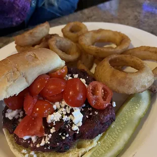 Beet burger &amp; onion rings