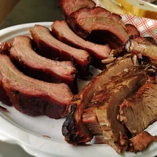 Baby back ribs and sliced brisket