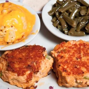 crab cakes, green beans and cheese