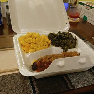 Meatloaf greens and Mac and cheese.