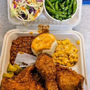a meal in a styrofoam container