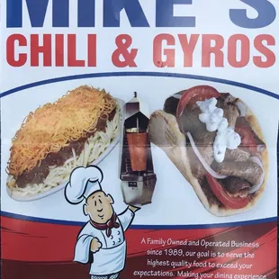 a sign for mike&apos;s chili and gyros