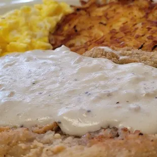 Country Frieds Steak and Eggs w/hashbrown.