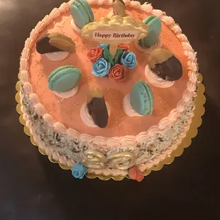 Italian Cream cake with cream cheese toasted walnut and pecans, macarons and double chocolate chip cookies