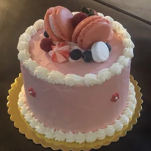 Red velvet with cream cheese, macarons, fresh fruit and meringue kisses