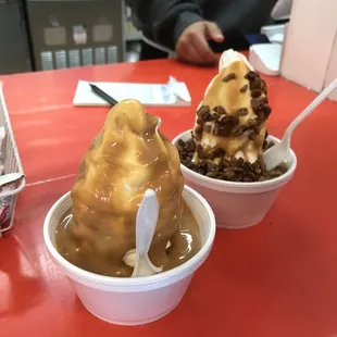 Peanut butter sundae and turtle sundae