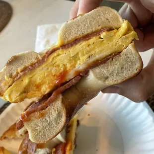 Plain on a Bagel with egg, cheddar cheese, and pork roll. (Ketchup added at home) Not needed, my husband just likes ketchup on everything