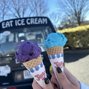 Ube and Head in the Clouds (Blue Vanilla with Marshmallow Fluff) Ice Cream