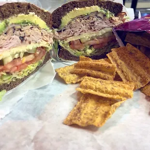 Honey maple smoked turkey, avocado, Muenster, and the works. Sweet potato and brown sugar sun chips.