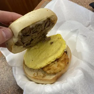 Steak egg and cheese on a bagel