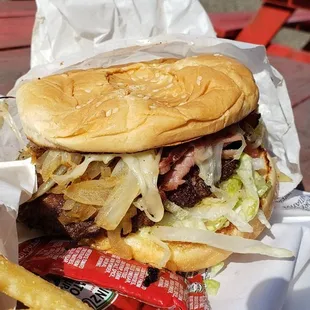 Pastrami and Swiss burger at Happy Hour