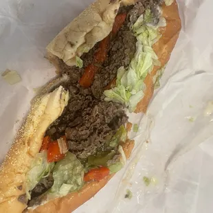 Small cheesesteak w/ fried onions, lettuce &amp; "sweet peppers"