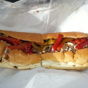 Small cheese steak with onions and peppers (extra cheese)