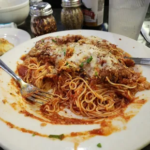 Chicken parm dinner with angel hair pasta