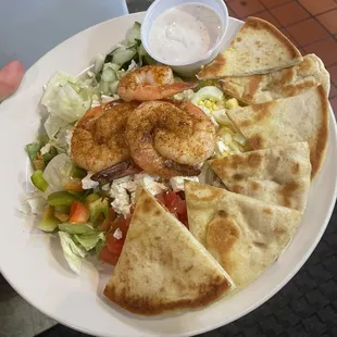 Greek Salad with Grilled Shrimp and Homemade Greek Dressing!! So delicious