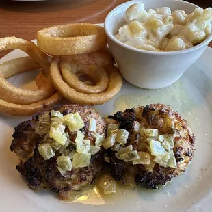 Crab cakes, onion rings, macaroni and cheese