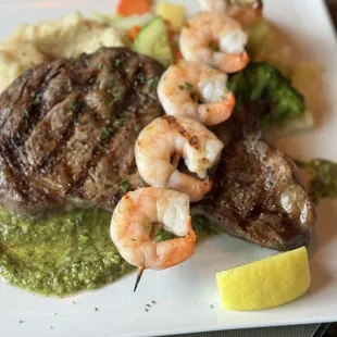 Surf and turf chimichurri, steak and shrimp skewer