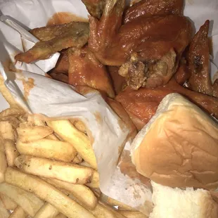 Delicious, OVERLY SALTY, SINFUL AMOUNTS OF SODIUM.. fries were perf though. (Oh, and a PUDDLE of salty sauce under the wings, trust me.)