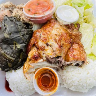 Mikes special  Lau Lau, roasted chicken, lomi lomi, pulled pork and salad