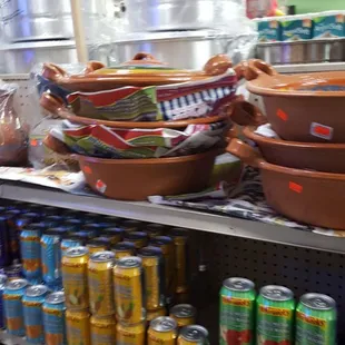 a variety of bowls and pans