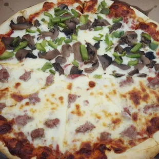 Half sausage, half mushroom, and green pepper