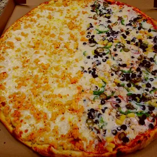 Special request. 1/2Macaroni&amp;Cheese 1/2 Veggie Pizza.