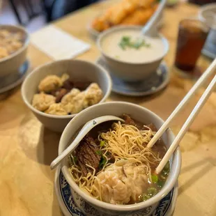 Wonton and Beef Brisket Noodle Soup, Boneless Chicken Congee and Chinese Donut