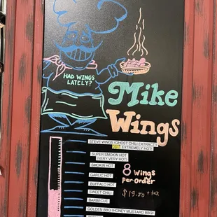 Wing menu with spice levels 12/18/24