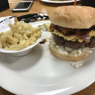 a hamburger and macaroni salad