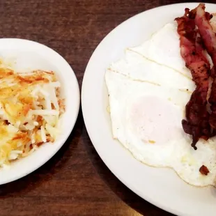 bacon, eggs, hash browns and toast