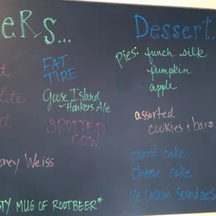 Beer and Dessert list