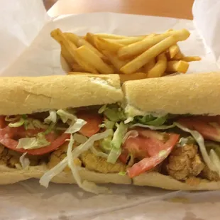 Oysters on the left, shrimp on the right all on a nice crusty french loaf.