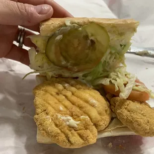 Half of the 7&quot; oyster Poboy, so huge oysters!!