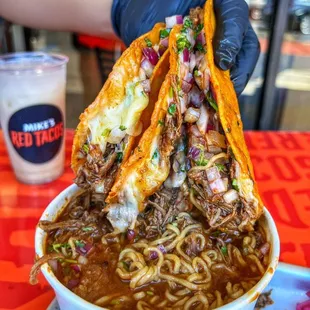 Quesabirria Tacos dipped in ramen