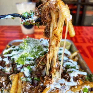 Beef birria, guacamole, sour cream, cilantro &amp; onions are piled high in our Loaded Fries