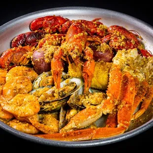 The boiled seafood sampler, with smothered garlic sauce.