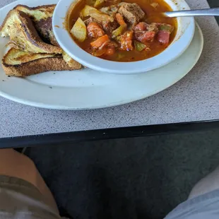 Beef stew is absolutely wonderful. Perfect heat level.