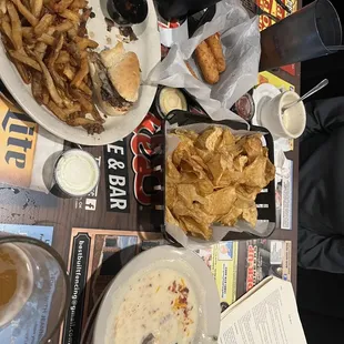 house chips, two orders of potato soup, cheese sticks, a Philly cheesesteak, and two Blue Moons  Fried Mozzarella sticks