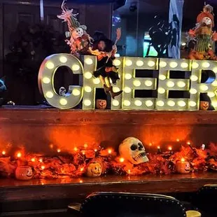 a bar decorated for halloween