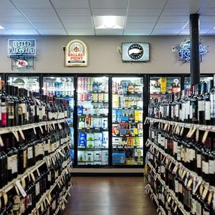 an aisle of wine and spirits
