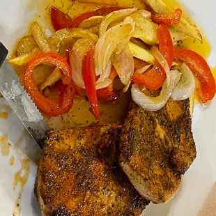 Blackened pork chops, and roasted veggies