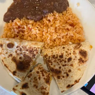 Kids quesadilla, rice, and beans