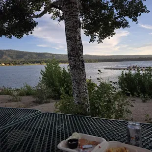 Picnic tables right on the lake near Mikey's location today.