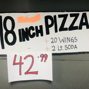 Large pizza (1 free topping) + 20 wings + 2lt soda for $42.99