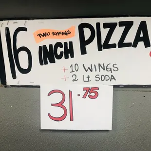 Medium pizza (2 free toppings) + 10wings + 2lt soda for $31.75
