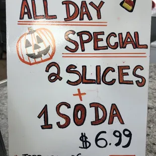 All day 2 cheese slices + soda special, for only $6.99