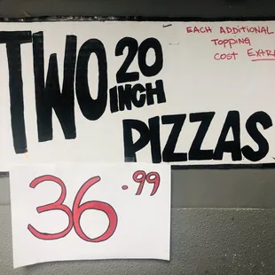 2 extra-large cheese pizzas for $36.99
