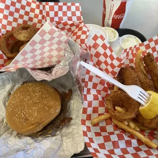 Deluxe Burger onion rings fish and chips