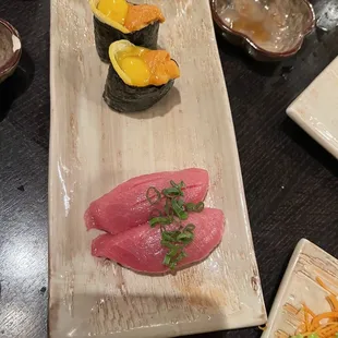 Touro and sea urchin/quail egg! Yummy if you don't have a phobia about texture.