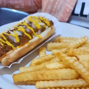 a hot dog and french fries